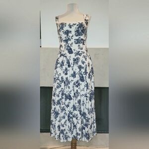 Caroline Constas Linen Midi Dress Open Back Floral Blue White Etoile Birds